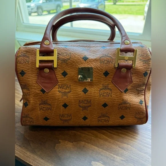 MCM Boston Leather cognac Visetos monogram print handbag - Picture 5 of 11